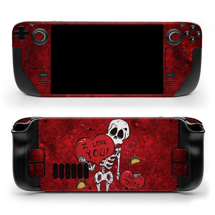 DecalGirl I Love You And Tacos skin shown on the front and back of a Valve Steam Deck