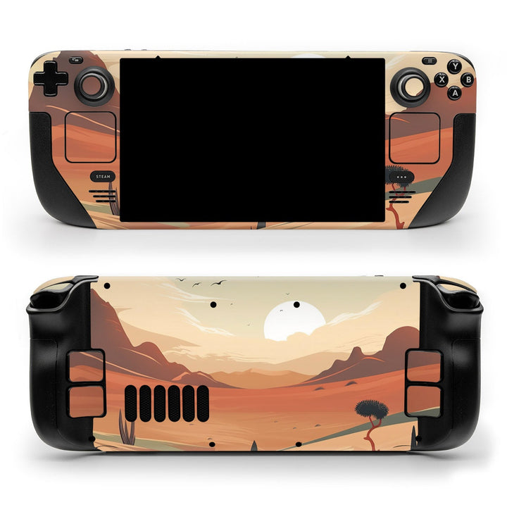 DecalGirl Meandering Desert skin shown on the front and back of a Valve Steam Deck
