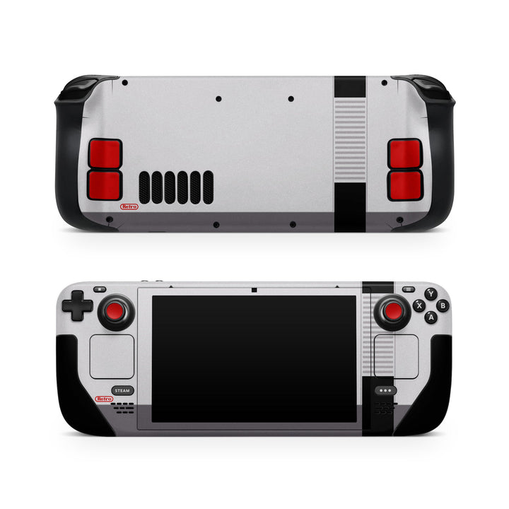 DecalGirl Retro Horizontal skin shown on the front and back of a Valve Steam Deck