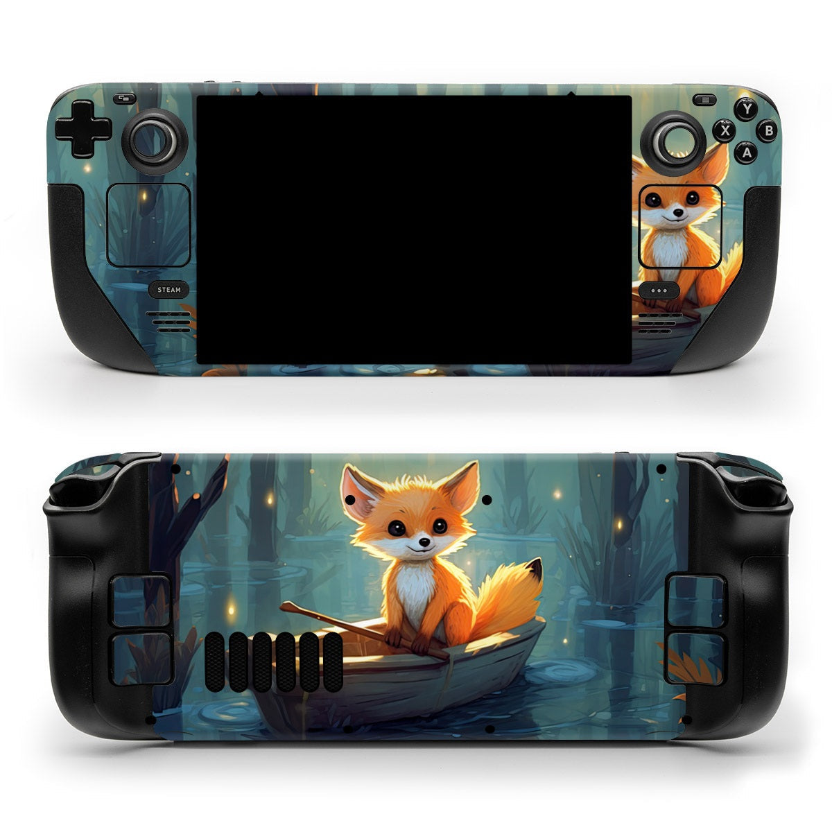 DecalGirl Rowan D Fox skin shown on the front and back of a Valve Steam Deck