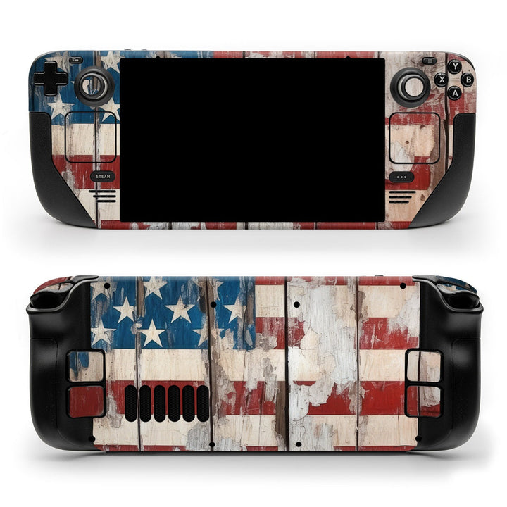 DecalGirl Rustic Glory skin shown on the front and back of a Valve Steam Deck