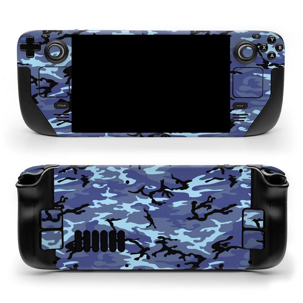 DecalGirl Sky Camo skin shown on the front and back of a Valve Steam Deck