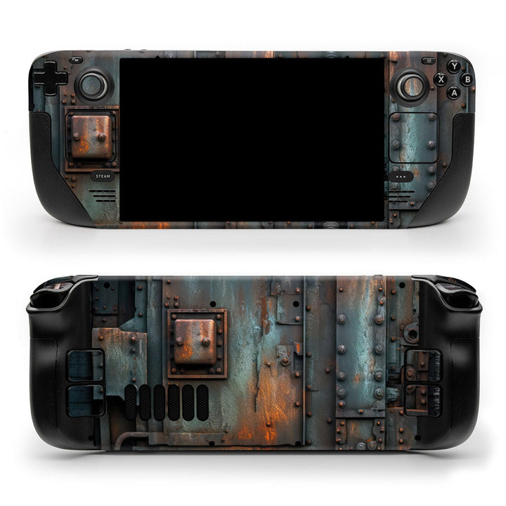 DecalGirl Secured skin shown on the front and back of a Valve Steam Deck