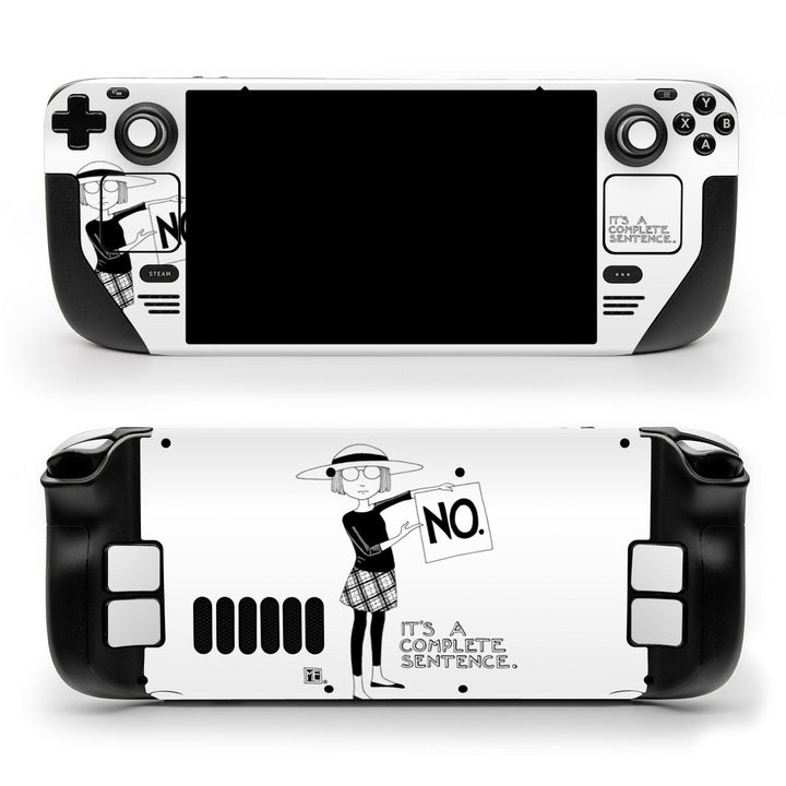 DecalGirl Sentence skin shown on the front and back of a Valve Steam Deck