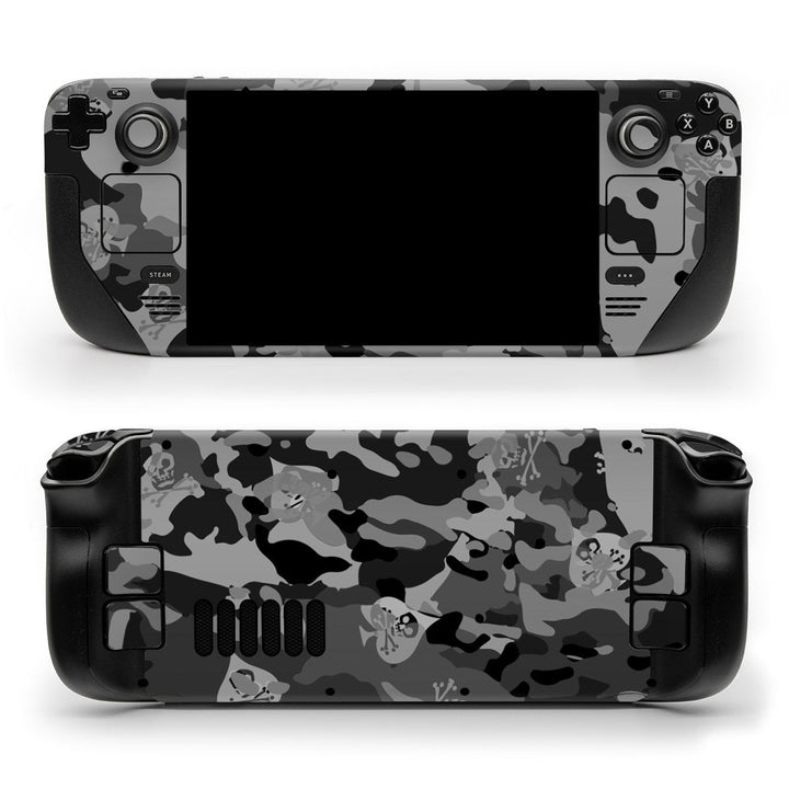 DecalGirl SOFLETE Black Multicam skin shown on the front and back of a Valve Steam Deck