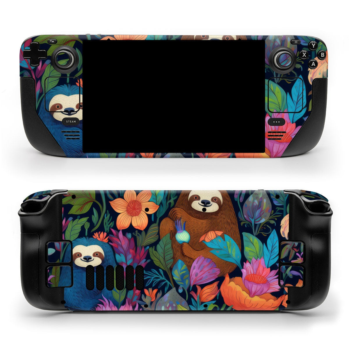 DecalGirl Garden of Slothy Delights skin shown on the front and back of a Valve Steam Deck