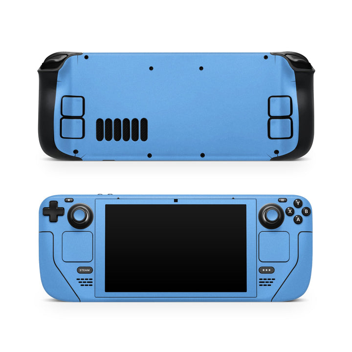 DecalGirl Solid State Blue skin shown on the front and back of a Valve Steam Deck