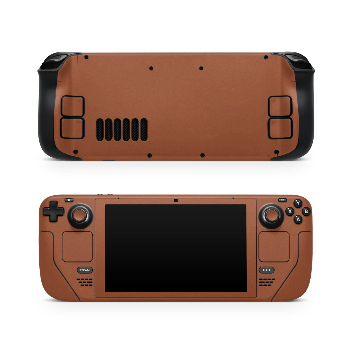 DecalGirl Solid State Cinnamon skin shown on the front and back of a Valve Steam Deck
