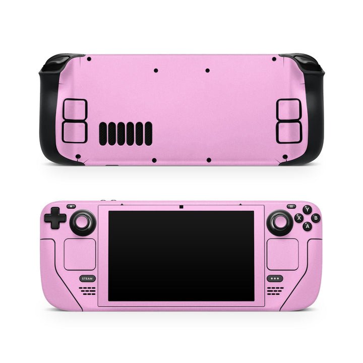 DecalGirl Solid State Pink skin shown on the front and back of a Valve Steam Deck