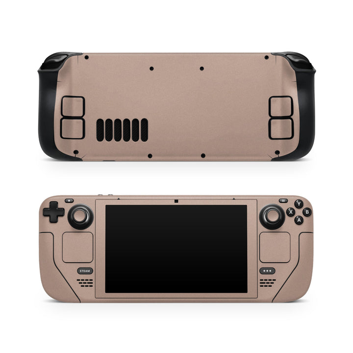 DecalGirl Solid State Rustic Pink skin shown on the front and back of a Valve Steam Deck