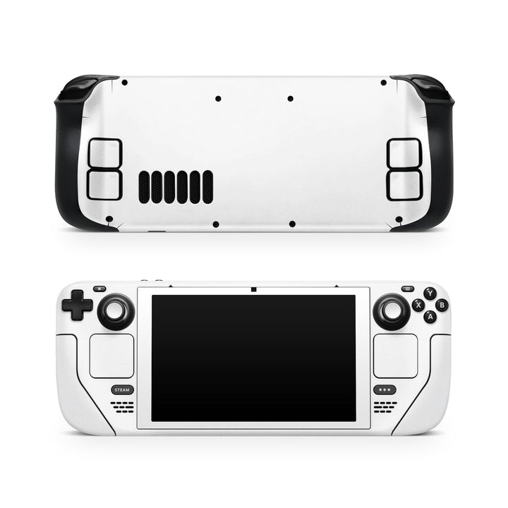 DecalGirl Solid State White skin shown on the front and back of a Valve Steam Deck