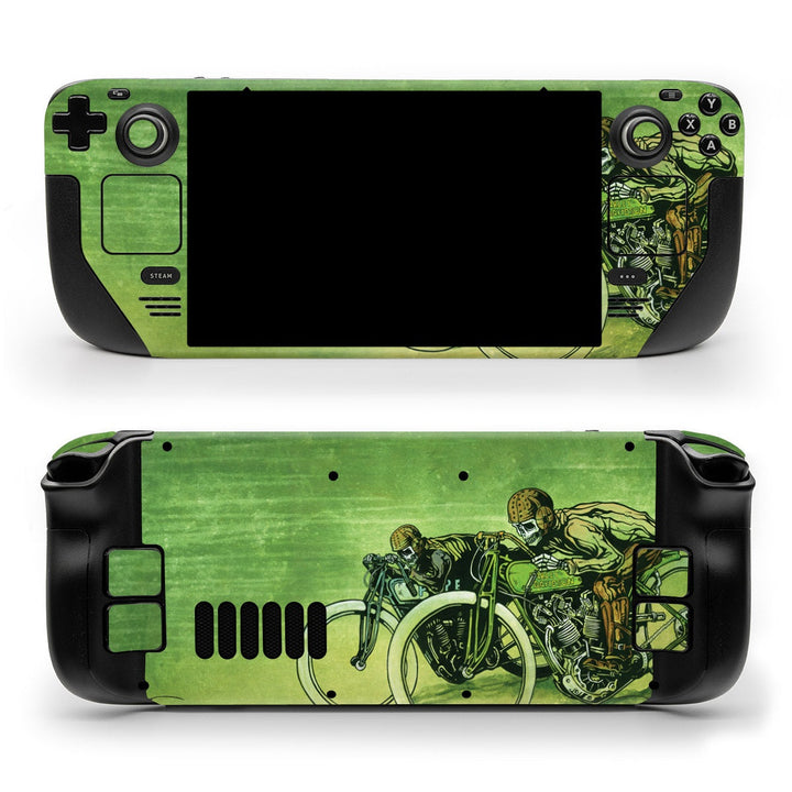 DecalGirl Board Track Racers skin shown on the front and back of a Valve Steam Deck