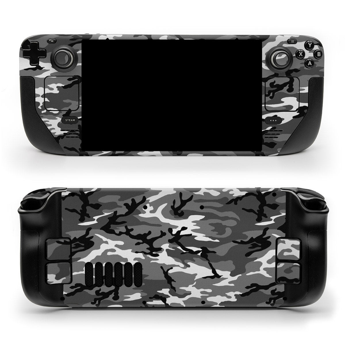 DecalGirl Urban Camo skin shown on the front and back of a Valve Steam Deck
