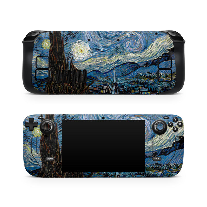 DecalGirl Starry Night skin shown on the front and back of a Valve Steam Deck
