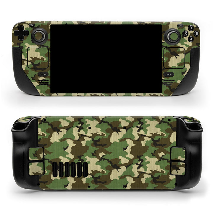 DecalGirl Woodland Camo skin shown on the front and back of a Valve Steam Deck