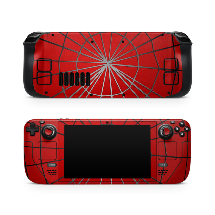 DecalGirl Webslinger skin shown on the front and back of a Valve Steam Deck