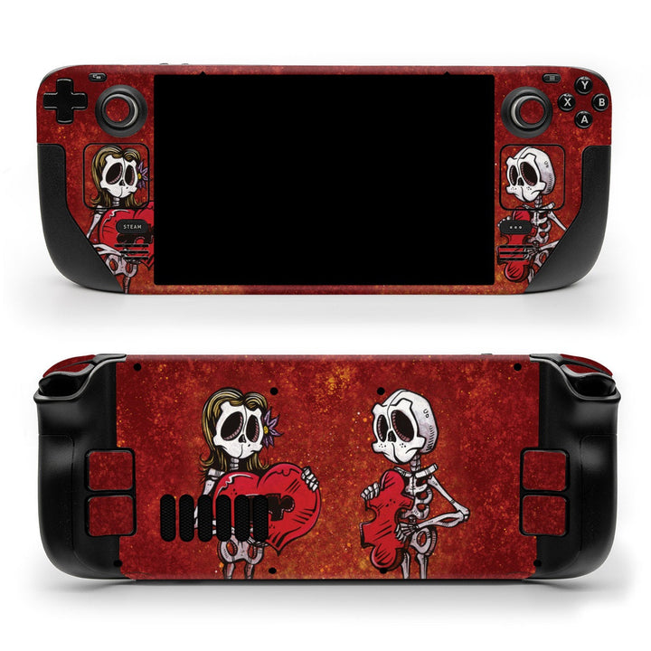 DecalGirl We Just Fit skin shown on the front and back of a Valve Steam Deck