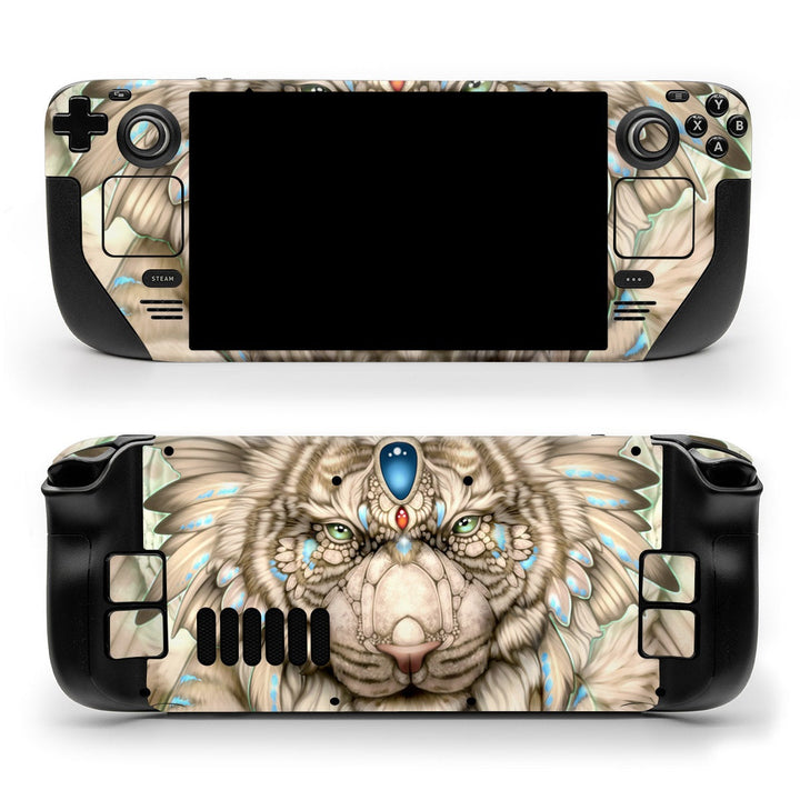 DecalGirl What Do You Seek skin shown on the front and back of a Valve Steam Deck