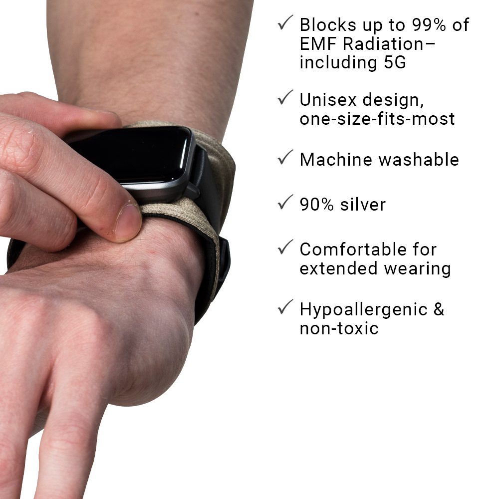 Close-up of SYB Wrist Band beneath smartwatch with product details