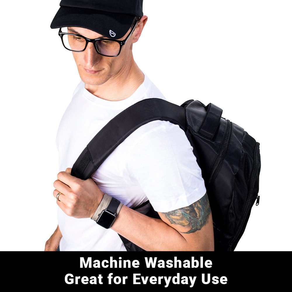 Person wearing SYB Wrist Band with a backpack